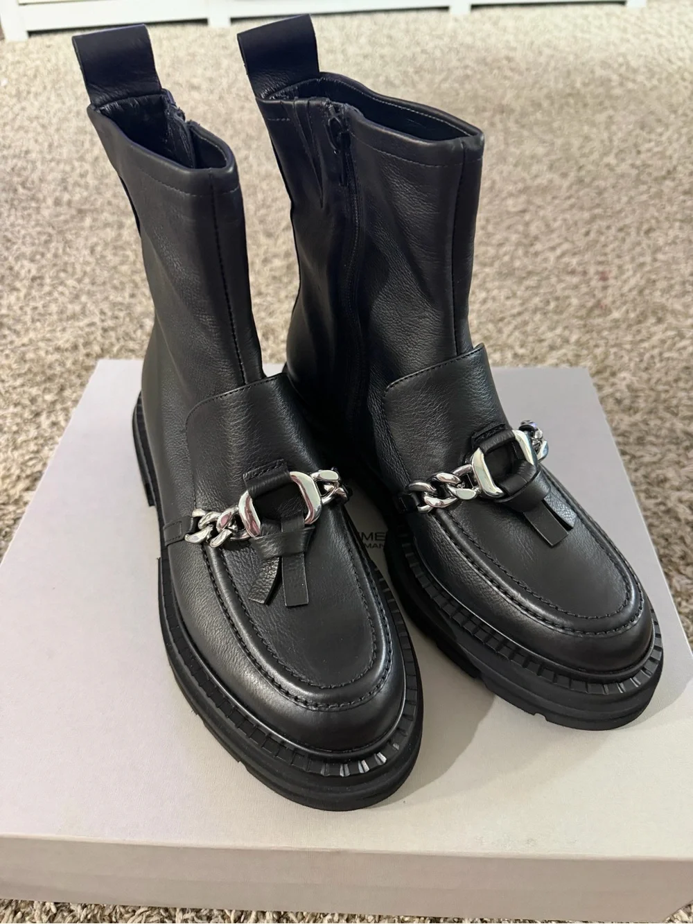 Women's Black Leather Chain-Trim Ankle Booties